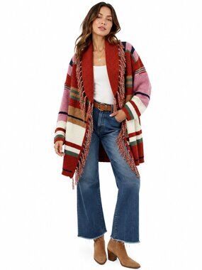 Davi & Dani Fringe Cardigan Rust Stripe Knit Pockets Boho‎ Western 1XL